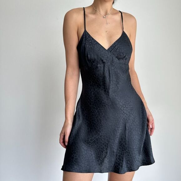 Vintage Silk Slip Dress Mini Women Medium Black Chemise Cami Y2K Nighty Romantic - Picture 1 of 10